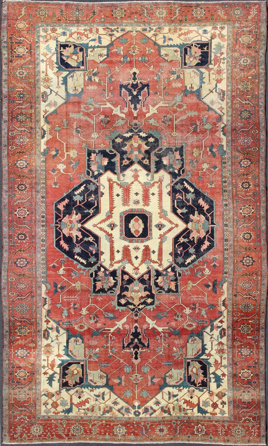 Large Antique Persian Serapi Rug in Faded Red, Teal, Navy Blue, and Ivory with Large Geometric Medallion, antique Persian Serapi rug / N15 - 1203, country of origin / type: Iran / Serapi Serapi rugs are known as the finest rugs produced in the Her... - Keivan Woven ArtsN15 - 1203 - 8846