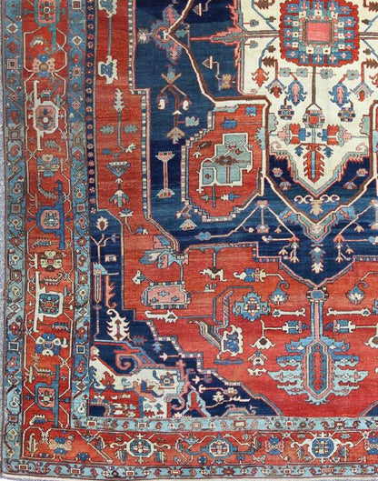 Antique Persian fine weave Serapi rug with large geometric medallion in brilliant colors and blue and tomato red. Keivan Woven Arts / Rug / N15 - 1204 / country of origin / type: Iran /Serapi, circa 1900. Measures: 10.3 x 14.4. Antique Serapi rugs... - Keivan Woven ArtsN15 - 1204 - 7889Rug