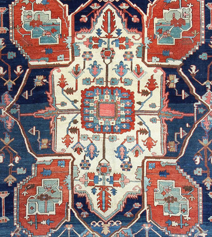 Antique Persian fine weave Serapi rug with large geometric medallion in brilliant colors and blue and tomato red. Keivan Woven Arts / Rug / N15 - 1204 / country of origin / type: Iran /Serapi, circa 1900. Measures: 10.3 x 14.4. Antique Serapi rugs... - Keivan Woven ArtsN15 - 1204 - 7889Rug