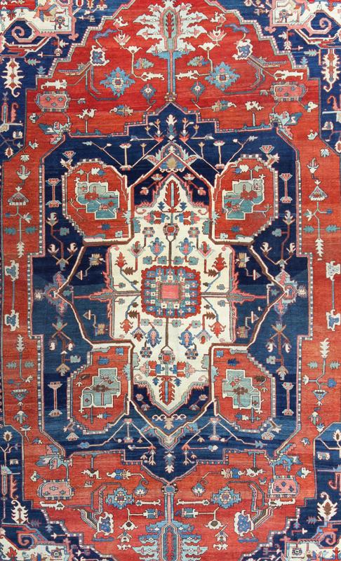 Antique Persian fine weave Serapi rug with large geometric medallion in brilliant colors and blue and tomato red. Keivan Woven Arts / Rug / N15 - 1204 / country of origin / type: Iran /Serapi, circa 1900. Measures: 10.3 x 14.4. Antique Serapi rugs... - Keivan Woven ArtsN15 - 1204 - 7889Rug