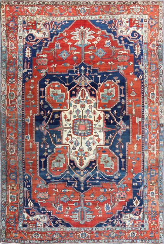 Antique Persian fine weave Serapi rug with large geometric medallion in brilliant colors and blue and tomato red. Keivan Woven Arts / Rug / N15 - 1204 / country of origin / type: Iran /Serapi, circa 1900. Measures: 10.3 x 14.4. Antique Serapi rugs... - Keivan Woven ArtsN15 - 1204 - 7889Rug