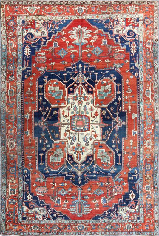 Antique Persian fine weave Serapi rug with large geometric medallion in brilliant colors and blue and tomato red. Keivan Woven Arts / Rug / N15 - 1204 / country of origin / type: Iran /Serapi, circa 1900. Measures: 10.3 x 14.4. Antique Serapi rugs... - Keivan Woven ArtsN15 - 1204 - 7889Rug