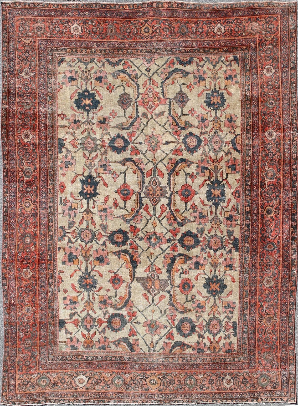 19th Century Persian Sultanabad Rug with All - Over Pattern in Ivory Background. antique Sultanabad. Antique Ivory Sultanabad kwarugs Antique Persian Sultanabad rug with vining floral pattern in ivory background along with red, orange, gray blue a... - Keivan Woven ArtsNA - 170090 - 8901Rug