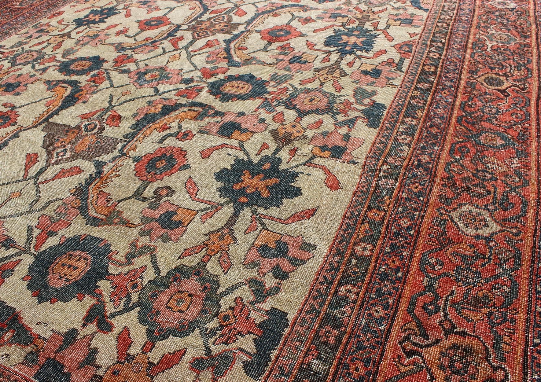 19th Century Persian Sultanabad Rug with All - Over Pattern in Ivory Background. antique Sultanabad. Antique Ivory Sultanabad kwarugs Antique Persian Sultanabad rug with vining floral pattern in ivory background along with red, orange, gray blue a... - Keivan Woven ArtsNA - 170090 - 8901Rug