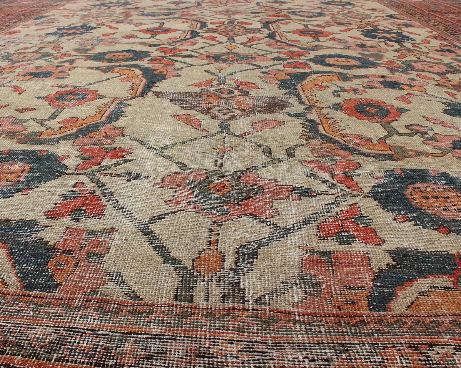 19th Century Persian Sultanabad Rug with All - Over Pattern in Ivory Background. antique Sultanabad. Antique Ivory Sultanabad kwarugs Antique Persian Sultanabad rug with vining floral pattern in ivory background along with red, orange, gray blue a... - Keivan Woven ArtsNA - 170090 - 8901Rug