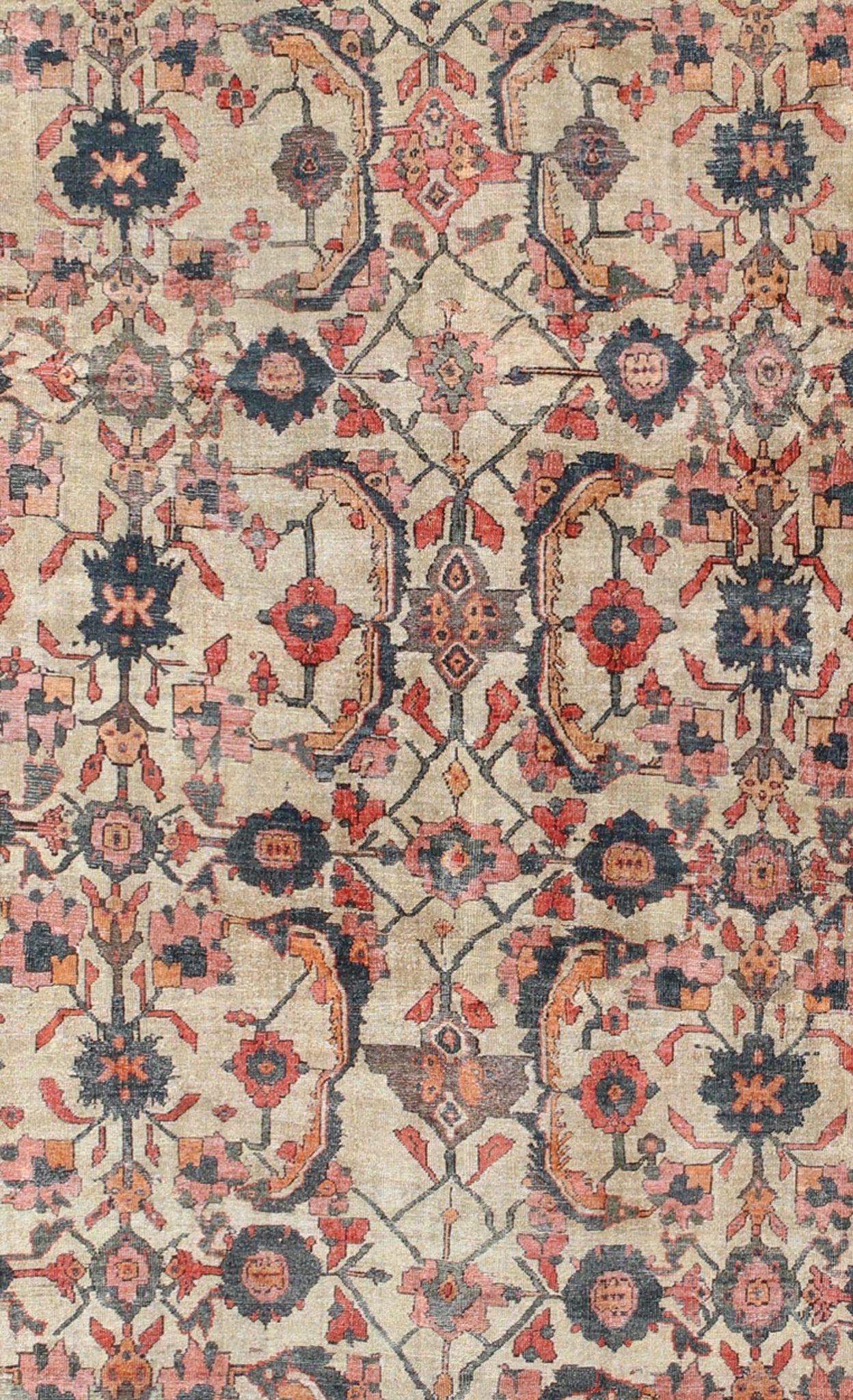 19th Century Persian Sultanabad Rug with All - Over Pattern in Ivory Background. antique Sultanabad. Antique Ivory Sultanabad kwarugs Antique Persian Sultanabad rug with vining floral pattern in ivory background along with red, orange, gray blue a... - Keivan Woven ArtsNA - 170090 - 8901Rug