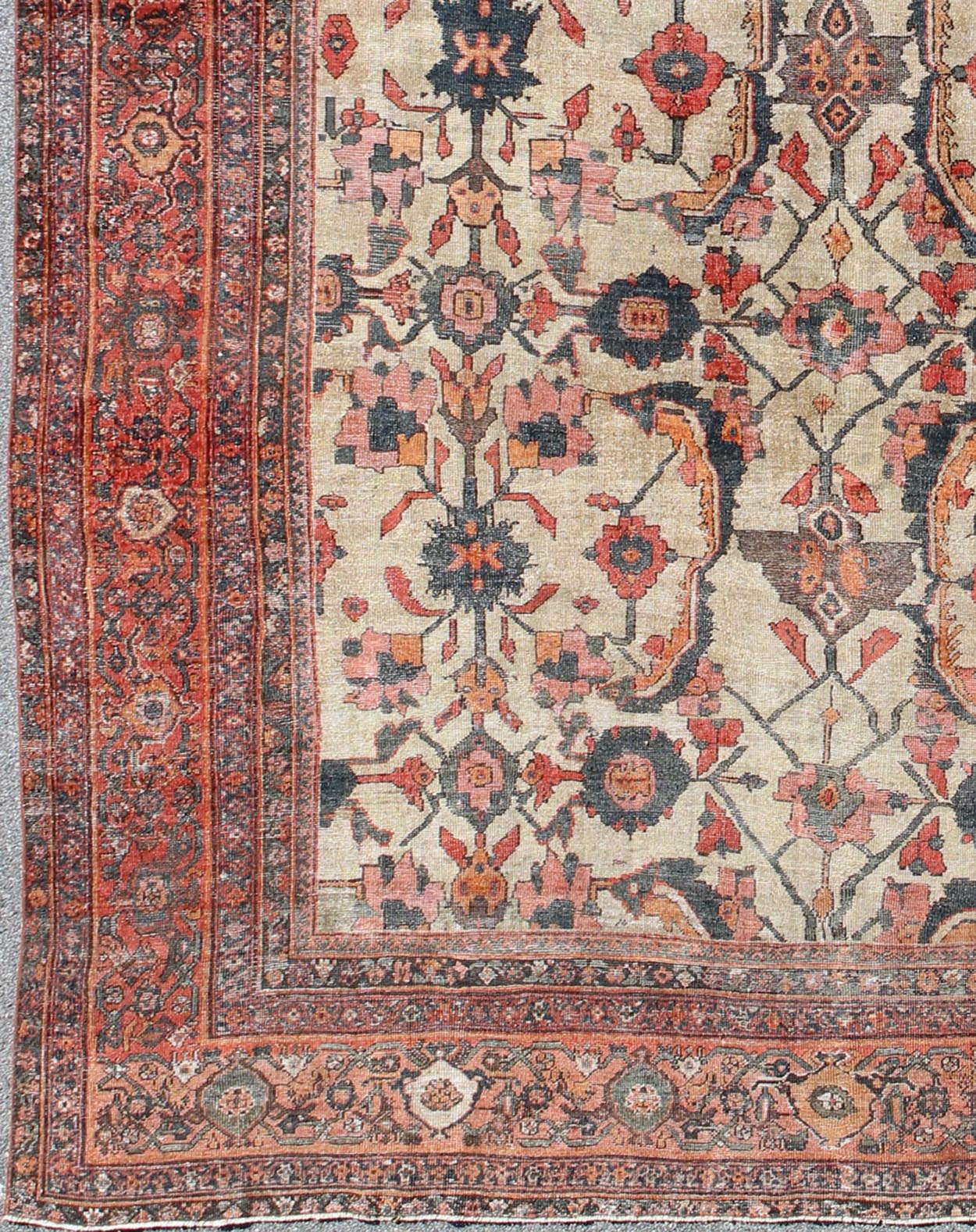 19th Century Persian Sultanabad Rug with All - Over Pattern in Ivory Background. antique Sultanabad. Antique Ivory Sultanabad kwarugs Antique Persian Sultanabad rug with vining floral pattern in ivory background along with red, orange, gray blue a... - Keivan Woven ArtsNA - 170090 - 8901Rug