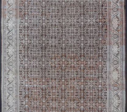 Antique Mahal Persian Carpet with All - Over Herati Design in Ivory, Gray & Brown. Keivan Woven Arts / rug NA - 170091, country of origin / type: Iran / Mahal, circa 1920. Measures: 10'4 x 17'3. This decorative Persian Mahal relies heavily on exquisi... - Keivan Woven ArtsNA - 170091 - 8601Rug