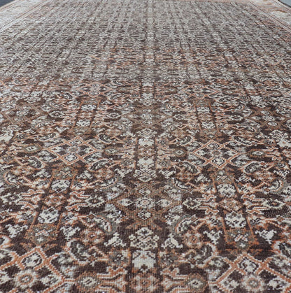 Antique Mahal Persian Carpet with All - Over Herati Design in Ivory, Gray & Brown. Keivan Woven Arts / rug NA - 170091, country of origin / type: Iran / Mahal, circa 1920. Measures: 10'4 x 17'3. This decorative Persian Mahal relies heavily on exquisi... - Keivan Woven ArtsNA - 170091 - 8601Rug