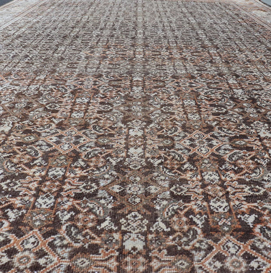 Antique Mahal Persian Carpet with All - Over Herati Design in Ivory, Gray & Brown. Keivan Woven Arts / rug NA - 170091, country of origin / type: Iran / Mahal, circa 1920. Measures: 10'4 x 17'3. This decorative Persian Mahal relies heavily on exquisi... - Keivan Woven ArtsNA - 170091 - 8601Rug