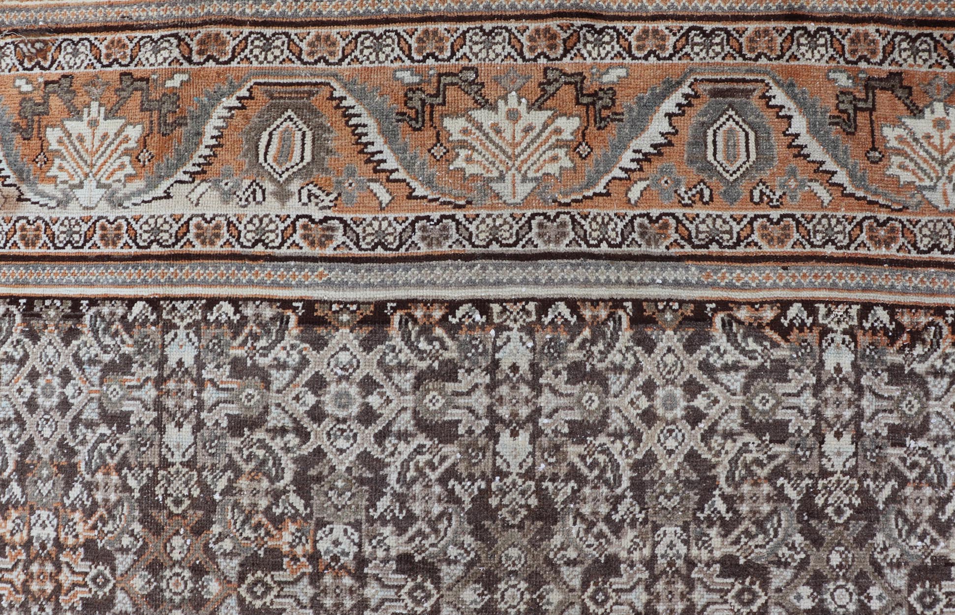 Antique Mahal Persian Carpet with All - Over Herati Design in Ivory, Gray & Brown. Keivan Woven Arts / rug NA - 170091, country of origin / type: Iran / Mahal, circa 1920. Measures: 10'4 x 17'3. This decorative Persian Mahal relies heavily on exquisi... - Keivan Woven ArtsNA - 170091 - 8601Rug