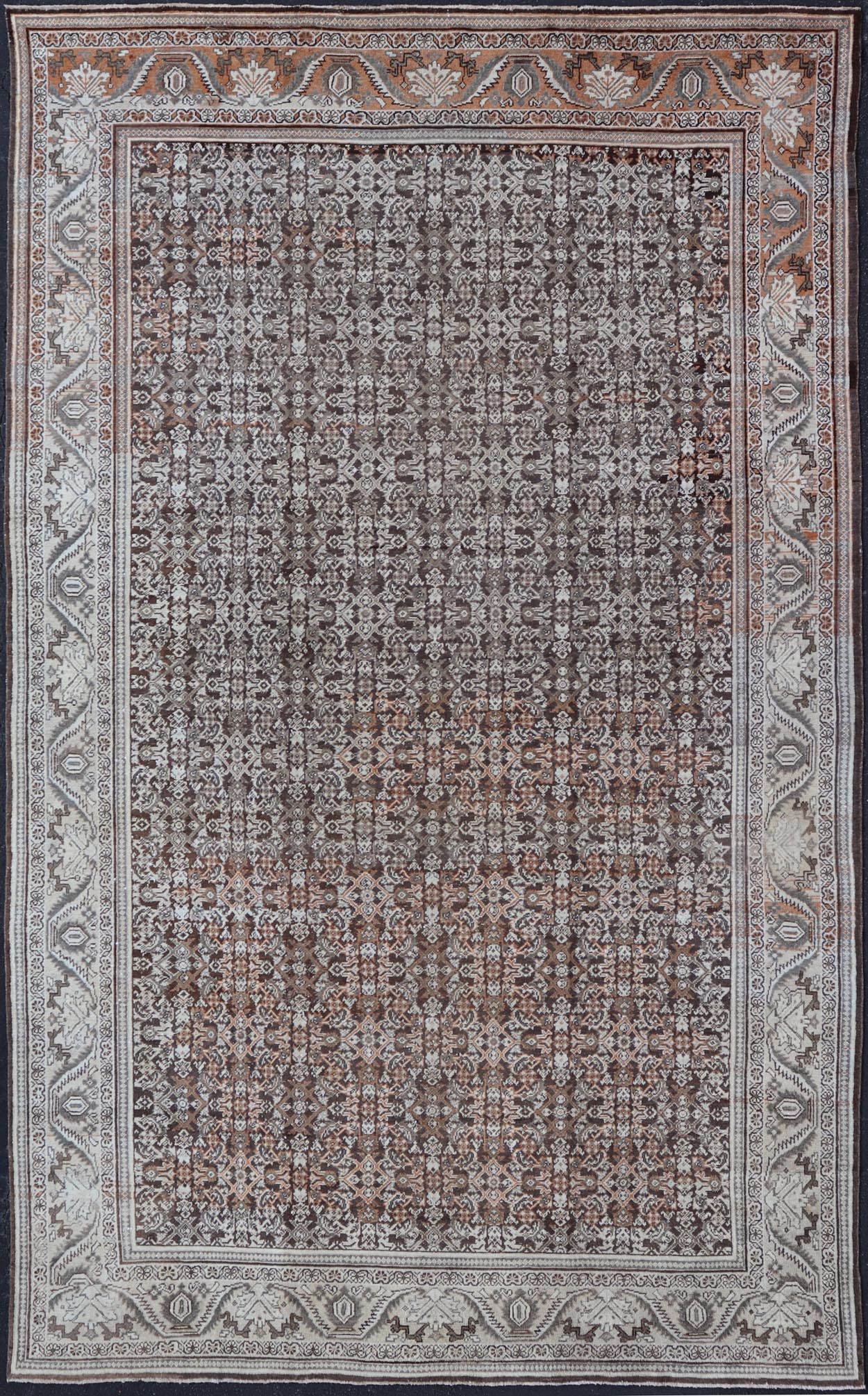 Antique Mahal Persian Carpet with All - Over Herati Design in Ivory, Gray & Brown. Keivan Woven Arts / rug NA - 170091, country of origin / type: Iran / Mahal, circa 1920. Measures: 10'4 x 17'3. This decorative Persian Mahal relies heavily on exquisi... - Keivan Woven ArtsNA - 170091 - 8601Rug