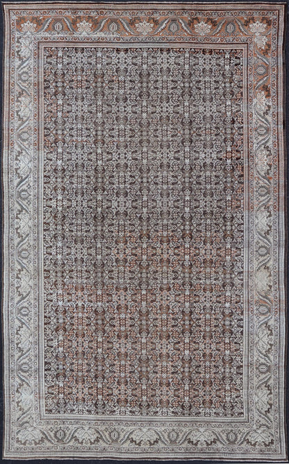 Antique Mahal Persian Carpet with All - Over Herati Design in Ivory, Gray & Brown. Keivan Woven Arts / rug NA - 170091, country of origin / type: Iran / Mahal, circa 1920. Measures: 10'4 x 17'3. This decorative Persian Mahal relies heavily on exquisi... - Keivan Woven ArtsNA - 170091 - 8601Rug