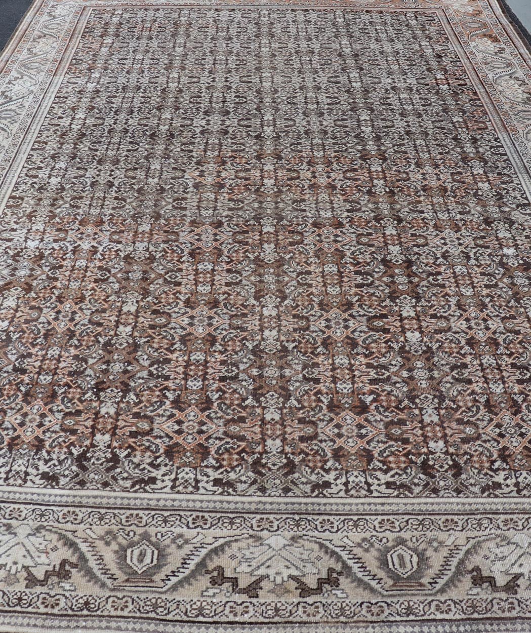 Antique Mahal Persian Carpet with All - Over Herati Design in Ivory, Gray & Brown. Keivan Woven Arts / rug NA - 170091, country of origin / type: Iran / Mahal, circa 1920. Measures: 10'4 x 17'3. This decorative Persian Mahal relies heavily on exquisi... - Keivan Woven ArtsNA - 170091 - 8601Rug
