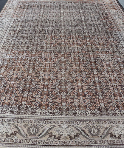 Antique Mahal Persian Carpet with All - Over Herati Design in Ivory, Gray & Brown. Keivan Woven Arts / rug NA - 170091, country of origin / type: Iran / Mahal, circa 1920. Measures: 10'4 x 17'3. This decorative Persian Mahal relies heavily on exquisi... - Keivan Woven ArtsNA - 170091 - 8601Rug