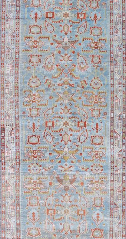 Antique Persian Malayer Runner with Geometrics in Light Blue, Red and Green, rug na - 170201, country of origin / type: Iran / Malayer, circa 1910 This magnificent antique Persian Malayer runner (circa 1910) bears a beautiful, all - over Sub geometr... - Keivan Woven ArtsNA - 170201 - 8197Rug