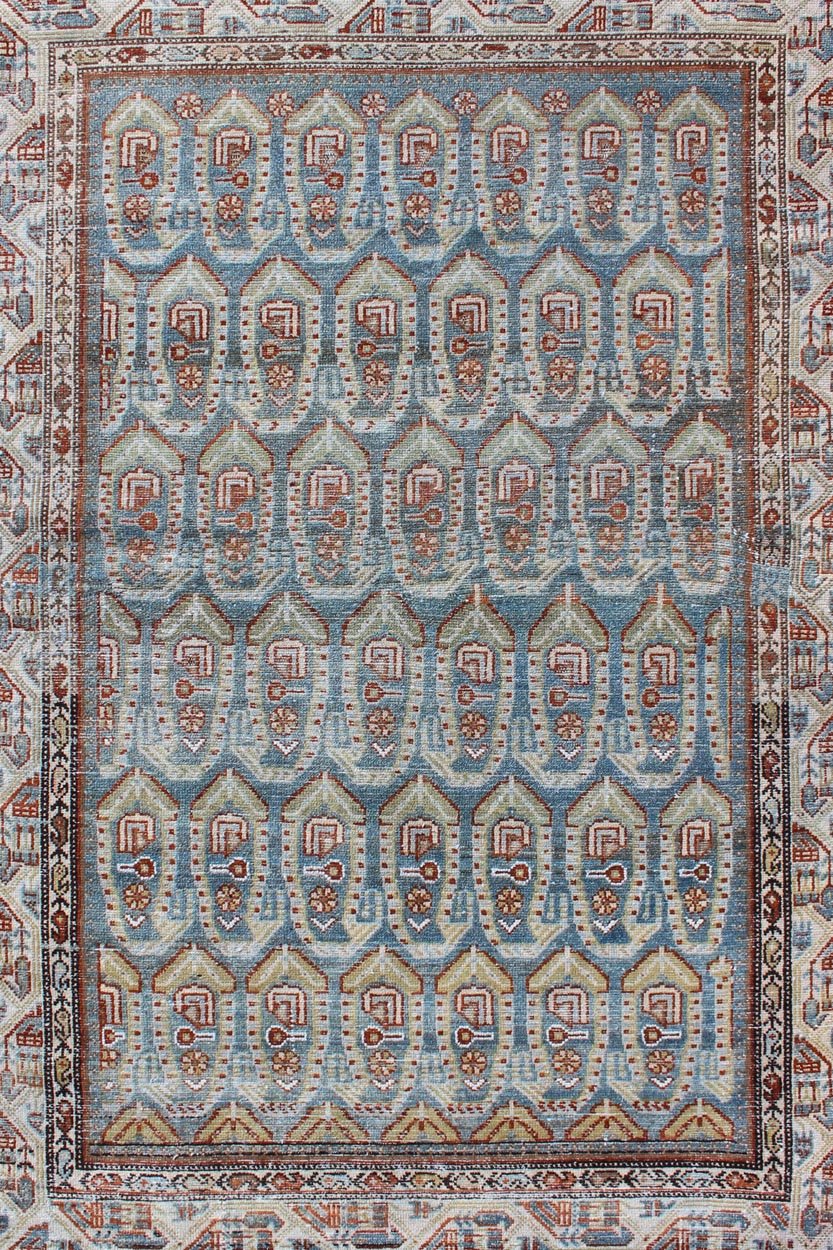 Blue and red Persian antique Malayer Rug with sub - geometric Paisley design, rug na - 180382, country of origin or type: Iran / Malayer, circa 1920. This magnificent antique Persian Malayer rug (circa 1920) bears a beautiful, expansive, all - over su... - Keivan Woven ArtsNA - 180382 - 10504Rug