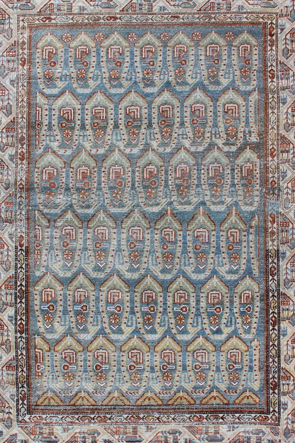 Blue and red Persian antique Malayer Rug with sub - geometric Paisley design, rug na - 180382, country of origin or type: Iran / Malayer, circa 1920. This magnificent antique Persian Malayer rug (circa 1920) bears a beautiful, expansive, all - over su... - Keivan Woven ArtsNA - 180382 - 10504Rug