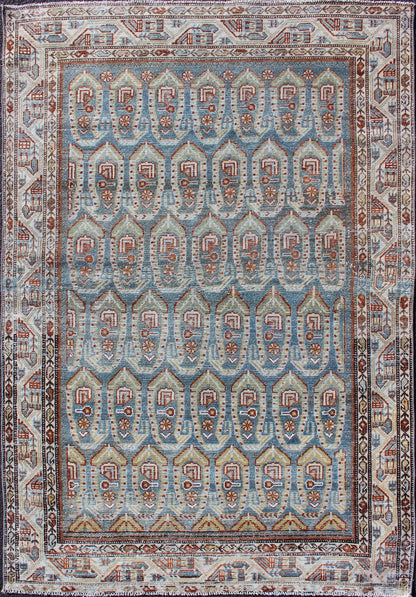 Blue and red Persian antique Malayer Rug with sub - geometric Paisley design, rug na - 180382, country of origin or type: Iran / Malayer, circa 1920. This magnificent antique Persian Malayer rug (circa 1920) bears a beautiful, expansive, all - over su... - Keivan Woven ArtsNA - 180382 - 10504Rug