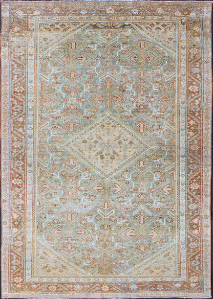 Persian Mahal antique rug with floral design in Peach, green, blue, and red colors with central Medallion, rug na - 180709, country of origin / type: Iran / Mahal, circa 1920. This antique Persian Mahal rug, circa early 20th century, relies heavil... - Keivan Woven ArtsNA - 180709 - 10512Rug