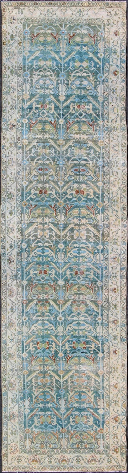 Antique Persian Malayer Runner in Shades of Blue and Green with Tribal Design kwarugs Antique Persian Malayer runner in shades of blue and green with flowing tribal design, rug na - 180748, country of origin / type: Iran / Malayer, circa 1920. ... - Keivan Woven ArtsNA - 180748 - 10516Rug