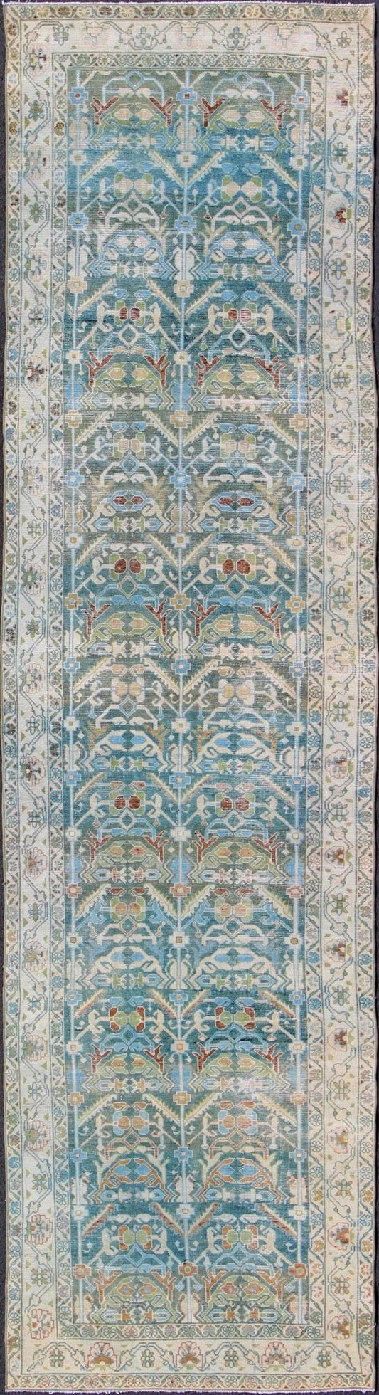 Antique Persian Malayer Runner in Shades of Blue and Green with Tribal Design kwarugs Antique Persian Malayer runner in shades of blue and green with flowing tribal design, rug na - 180748, country of origin / type: Iran / Malayer, circa 1920. ... - Keivan Woven ArtsNA - 180748 - 10516Rug