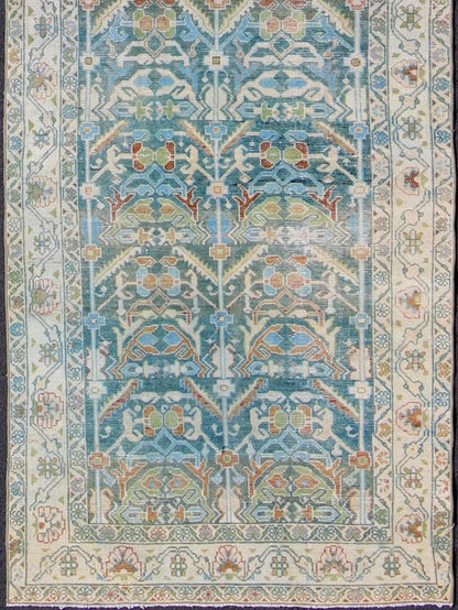 Antique Persian Malayer Runner in Shades of Blue and Green with Tribal Design kwarugs Antique Persian Malayer runner in shades of blue and green with flowing tribal design, rug na - 180748, country of origin / type: Iran / Malayer, circa 1920. ... - Keivan Woven ArtsNA - 180748 - 10516Rug
