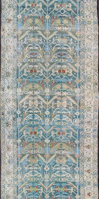 Antique Persian Malayer Runner in Shades of Blue and Green with Tribal Design kwarugs Antique Persian Malayer runner in shades of blue and green with flowing tribal design, rug na - 180748, country of origin / type: Iran / Malayer, circa 1920. ... - Keivan Woven ArtsNA - 180748 - 10516Rug