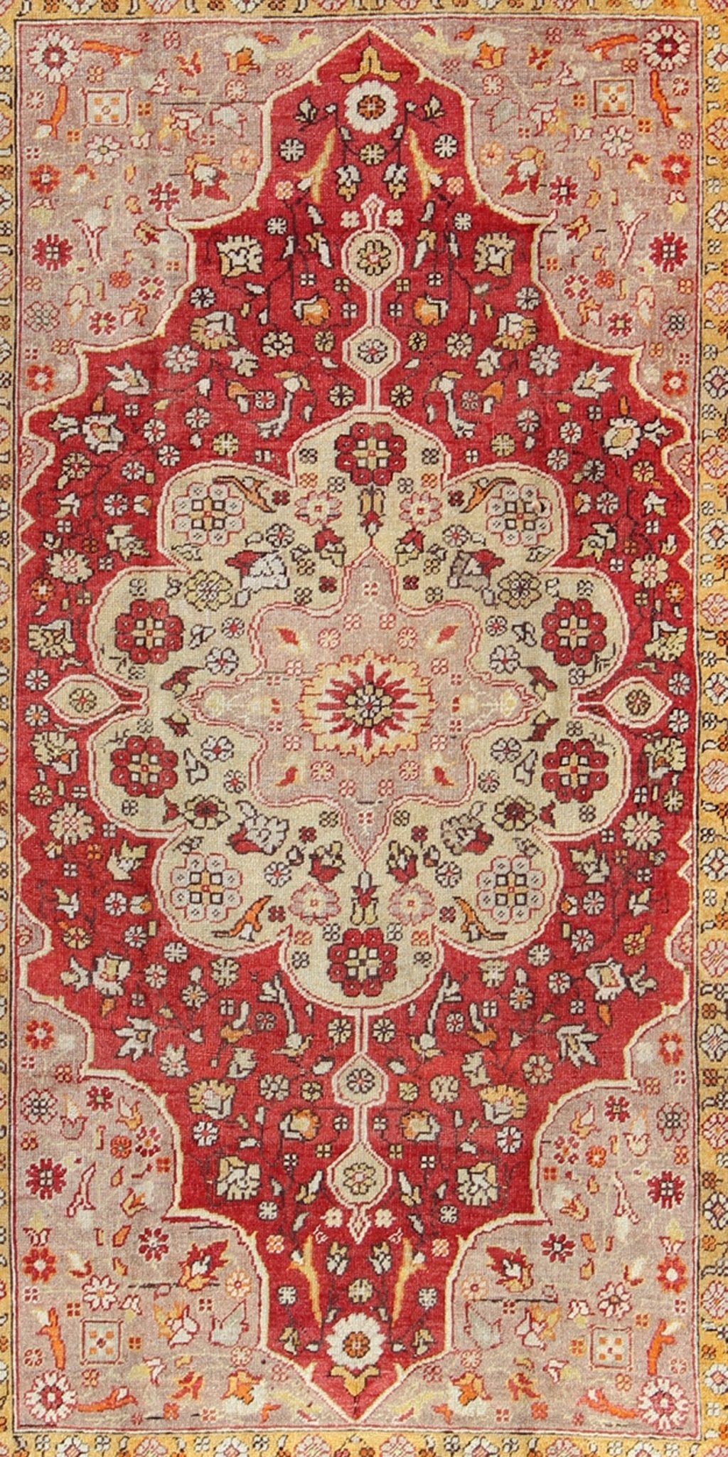 Floral Vintage Turkish Oushak Rug with Central Medallion and Stretched Cornices, rug na - 41479, country of origin / type: Turkey / Oushak, circa mid - 20th century This vintage Turkish Oushak carpet (circa mid - 20th century) features a central medal... - Keivan Woven ArtsNA - 41479 - 924Rug