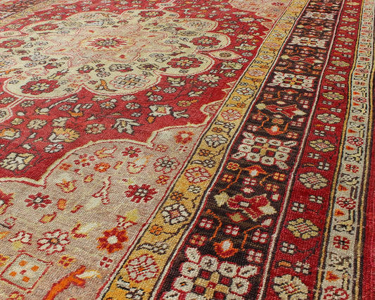 Floral Vintage Turkish Oushak Rug with Central Medallion and Stretched Cornices, rug na - 41479, country of origin / type: Turkey / Oushak, circa mid - 20th century This vintage Turkish Oushak carpet (circa mid - 20th century) features a central medal... - Keivan Woven ArtsNA - 41479 - 924Rug