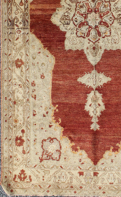 Antique Turkish Oushak rug with stretched medallion in red, ivory, cream, gray, rug na - 41519, country of origin / type: Turkey / Oushak, circa 1920 This vintage Turkish Oushak rug features an intricately beautiful design with a traditional aesth... - Keivan Woven ArtsNA - 41519 - 1152Rug