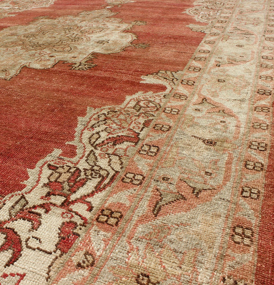 Antique Turkish Oushak Medallion Rug in Soft Red Background, Taupe & Pale Green. Antique Turkish medallion Oushak Rug in Soft Red, Taupe and Light Green. Rug/NA - 41953, 1930's Oushak antique Turkish Rug in Soft Red Background, Taupe & Pale Green... - Keivan Woven ArtsNA - 41953 - 2225