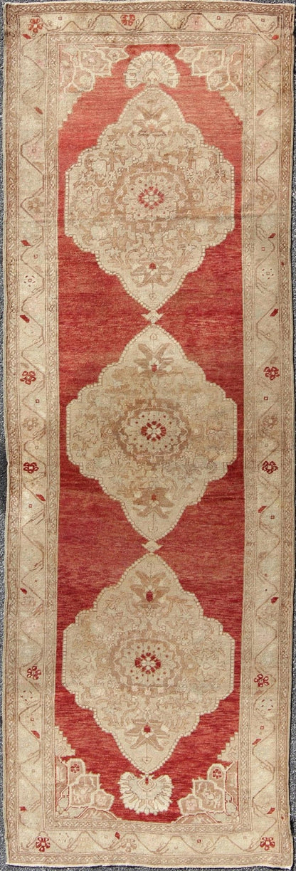 Red Background Vintage Turkish Oushak Gallery Runner with Three Taupe Medallions, rug na - 54279, country of origin / type: Turkey / Oushak, circa mid - 20th century This beautiful vintage Oushak runner from mid - 20th Century Turkey features a Classi... - Keivan Woven ArtsNA - 54279 - 1408Rug
