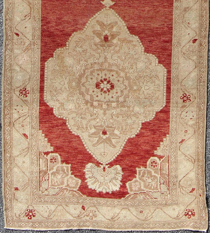 Red Background Vintage Turkish Oushak Gallery Runner with Three Taupe Medallions, rug na - 54279, country of origin / type: Turkey / Oushak, circa mid - 20th century This beautiful vintage Oushak runner from mid - 20th Century Turkey features a Classi... - Keivan Woven ArtsNA - 54279 - 1408Rug