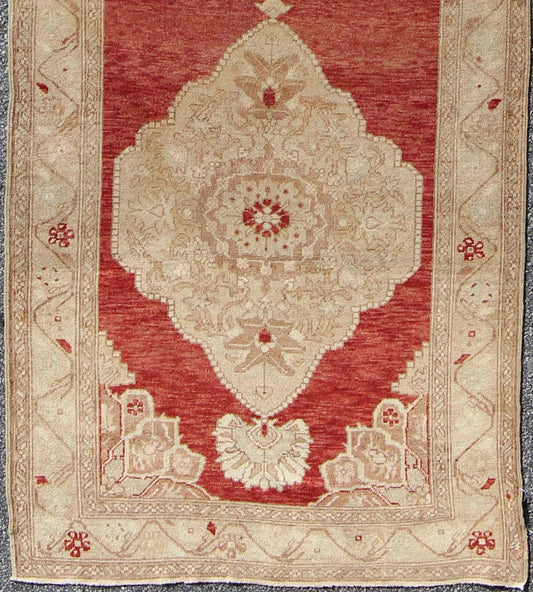 Red Background Vintage Turkish Oushak Gallery Runner with Three Taupe Medallions, rug na - 54279, country of origin / type: Turkey / Oushak, circa mid - 20th century This beautiful vintage Oushak runner from mid - 20th Century Turkey features a Classi... - Keivan Woven ArtsNA - 54279 - 1408Rug