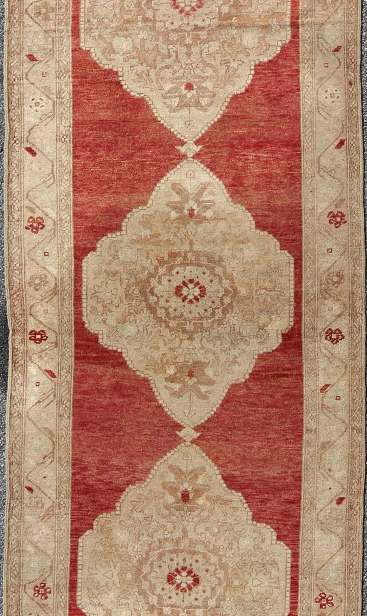 Red Background Vintage Turkish Oushak Gallery Runner with Three Taupe Medallions, rug na - 54279, country of origin / type: Turkey / Oushak, circa mid - 20th century This beautiful vintage Oushak runner from mid - 20th Century Turkey features a Classi... - Keivan Woven ArtsNA - 54279 - 1408Rug