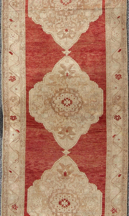 Red Background Vintage Turkish Oushak Gallery Runner with Three Taupe Medallions, rug na - 54279, country of origin / type: Turkey / Oushak, circa mid - 20th century This beautiful vintage Oushak runner from mid - 20th Century Turkey features a Classi... - Keivan Woven ArtsNA - 54279 - 1408Rug