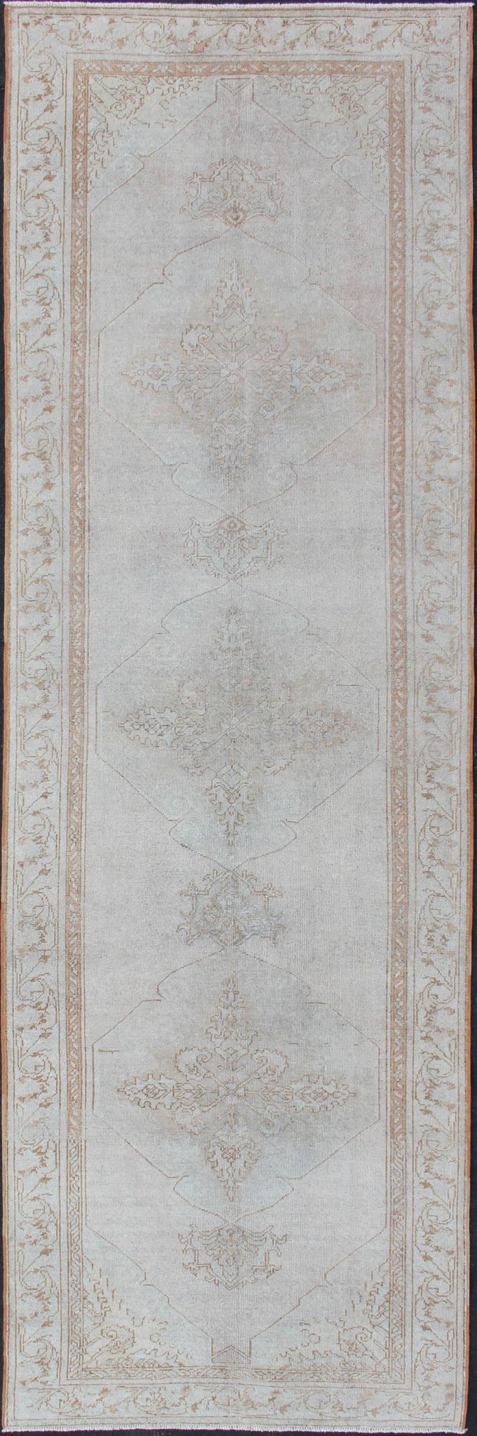 Vintage Turkish Oushak gallery runner with medallions in muted tones, rug na - 54280, country of origin / type: Turkey / Oushak, circa mid - 20th century This beautiful vintage Oushak runner from mid - 20th century Turkey features a classic Oushak des... - Keivan Woven ArtsNA - 54280 - 1400Rug