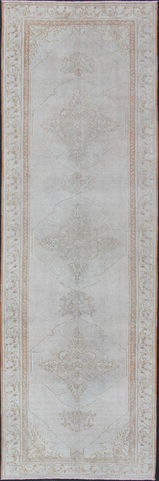 Vintage Turkish Oushak gallery runner with medallions in muted tones, rug na - 54280, country of origin / type: Turkey / Oushak, circa mid - 20th century This beautiful vintage Oushak runner from mid - 20th century Turkey features a classic Oushak des... - Keivan Woven ArtsNA - 54280 - 1400Rug