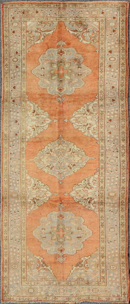 Vintage Turkish Gallery Rug with Three Floral Medallions in Red, Ivory & Gray, rug na - 54510, country of origin / type: Turkey / Oushak, circa mid - 20th century This beautiful vintage Oushak runner from mid - 20th Century Turkey features a Classic O... - Keivan Woven ArtsNA - 54510 - 992Rug