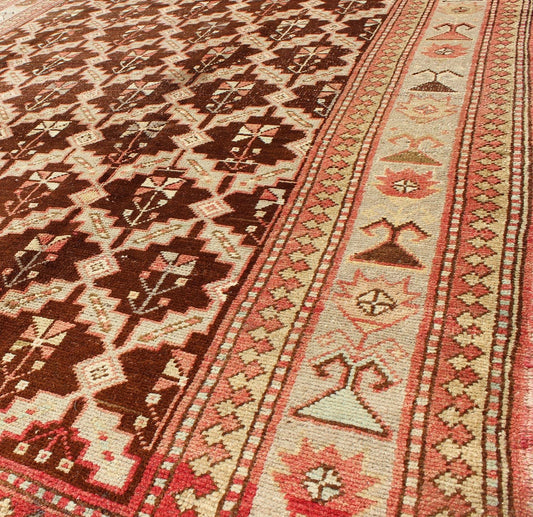 Unique Turkish Oushak Rug in Brown, Taupe, Pale Green, Butter and Coral. Keivan Woven Arts - Rug/ NA - 54536, Vintage Turkish Rug This wonderful Turkish Oushak has a chocolate brown background and a repeating pattern. Coral and ivory with hints of ... - Keivan Woven ArtsNA - 54536 - 928