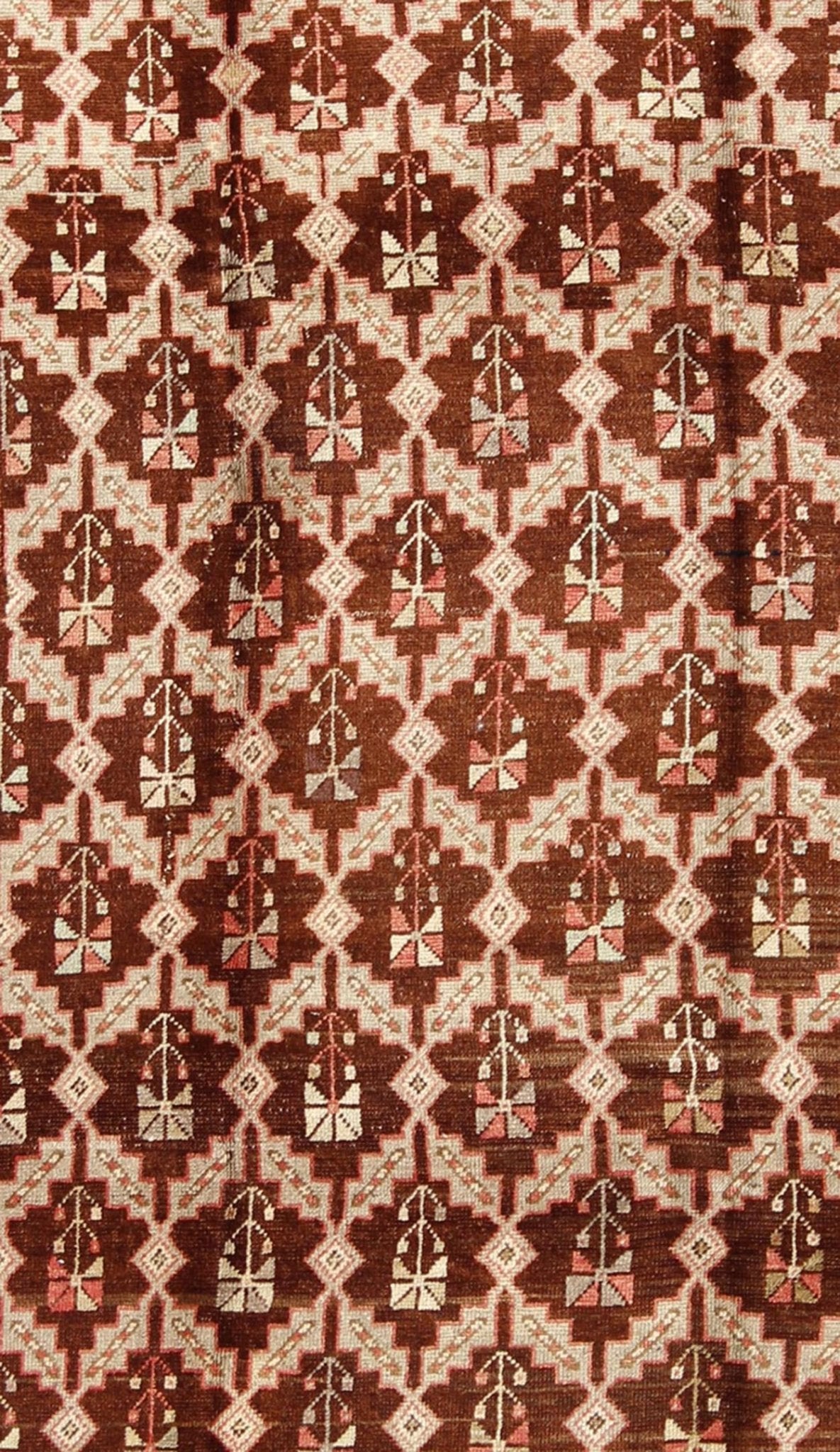 Unique Turkish Oushak Rug in Brown, Taupe, Pale Green, Butter and Coral. Keivan Woven Arts - Rug/ NA - 54536, Vintage Turkish Rug This wonderful Turkish Oushak has a chocolate brown background and a repeating pattern. Coral and ivory with hints of ... - Keivan Woven ArtsNA - 54536 - 928Rug