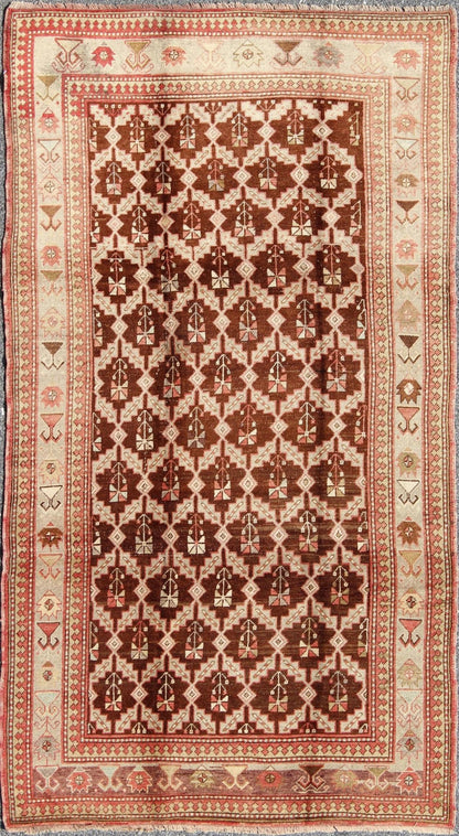 Unique Turkish Oushak Rug in Brown, Taupe, Pale Green, Butter and Coral. Keivan Woven Arts - Rug/ NA - 54536, Vintage Turkish Rug This wonderful Turkish Oushak has a chocolate brown background and a repeating pattern. Coral and ivory with hints of ... - Keivan Woven ArtsNA - 54536 - 928Rug