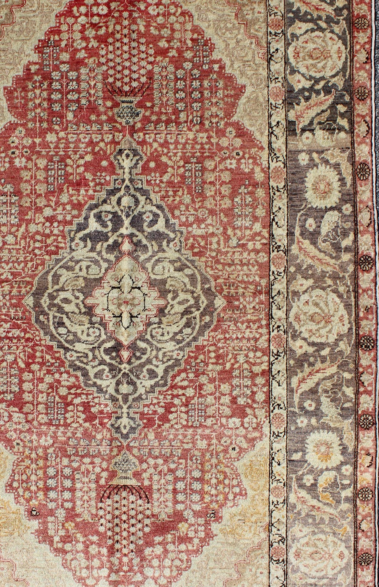 Antique Turkish Oushak Rug with Floral Medallion Design in Red and Charcoal Measures: 4'4 x 7'2 This antique Turkish Oushak carpet features a central medallion design, as well as patterns of smaller floral shapes and botanical elements ... - Keivan Woven ArtsNA - 54563 - 1066Rug