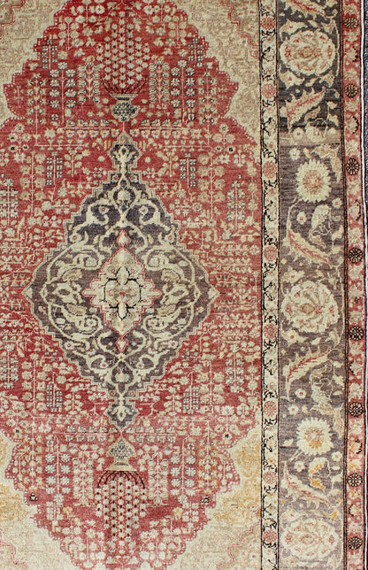 Antique Turkish Oushak Rug with Floral Medallion Design in Red and Charcoal Measures: 4'4 x 7'2 This antique Turkish Oushak carpet features a central medallion design, as well as patterns of smaller floral shapes and botanical elements ... - Keivan Woven ArtsNA - 54563 - 1066Rug