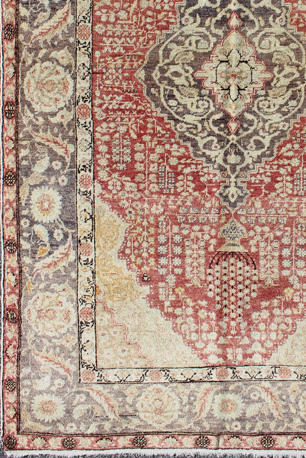 Antique Turkish Oushak Rug with Floral Medallion Design in Red and Charcoal Measures: 4'4 x 7'2 This antique Turkish Oushak carpet features a central medallion design, as well as patterns of smaller floral shapes and botanical elements ... - Keivan Woven ArtsNA - 54563 - 1066Rug