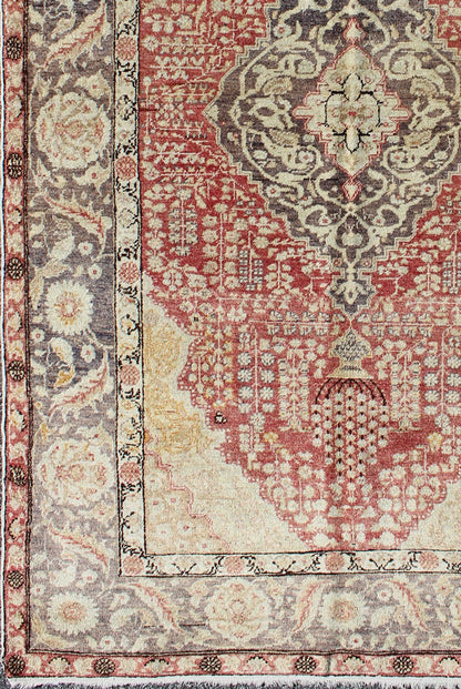 Antique Turkish Oushak Rug with Floral Medallion Design in Red and Charcoal Measures: 4'4 x 7'2 This antique Turkish Oushak carpet features a central medallion design, as well as patterns of smaller floral shapes and botanical elements ... - Keivan Woven ArtsNA - 54563 - 1066Rug