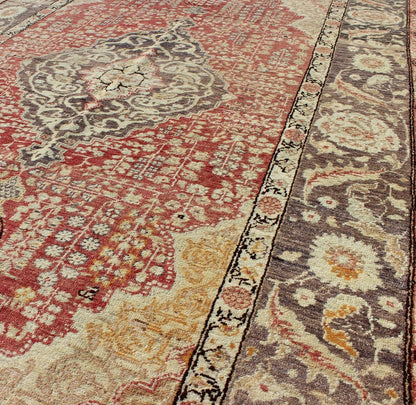 Antique Turkish Oushak Rug with Floral Medallion Design in Red and Charcoal Measures: 4'4 x 7'2 This antique Turkish Oushak carpet features a central medallion design, as well as patterns of smaller floral shapes and botanical elements ... - Keivan Woven ArtsNA - 54563 - 1066Rug