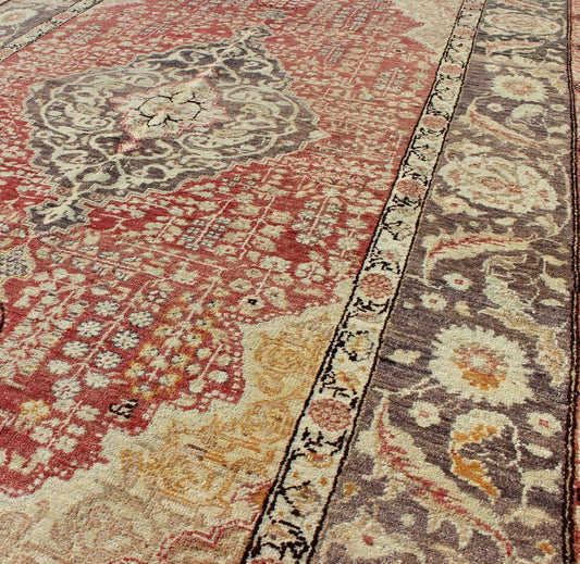 Antique Turkish Oushak Rug with Floral Medallion Design in Red and Charcoal Measures: 4'4 x 7'2 This antique Turkish Oushak carpet features a central medallion design, as well as patterns of smaller floral shapes and botanical elements ... - Keivan Woven ArtsNA - 54563 - 1066Rug