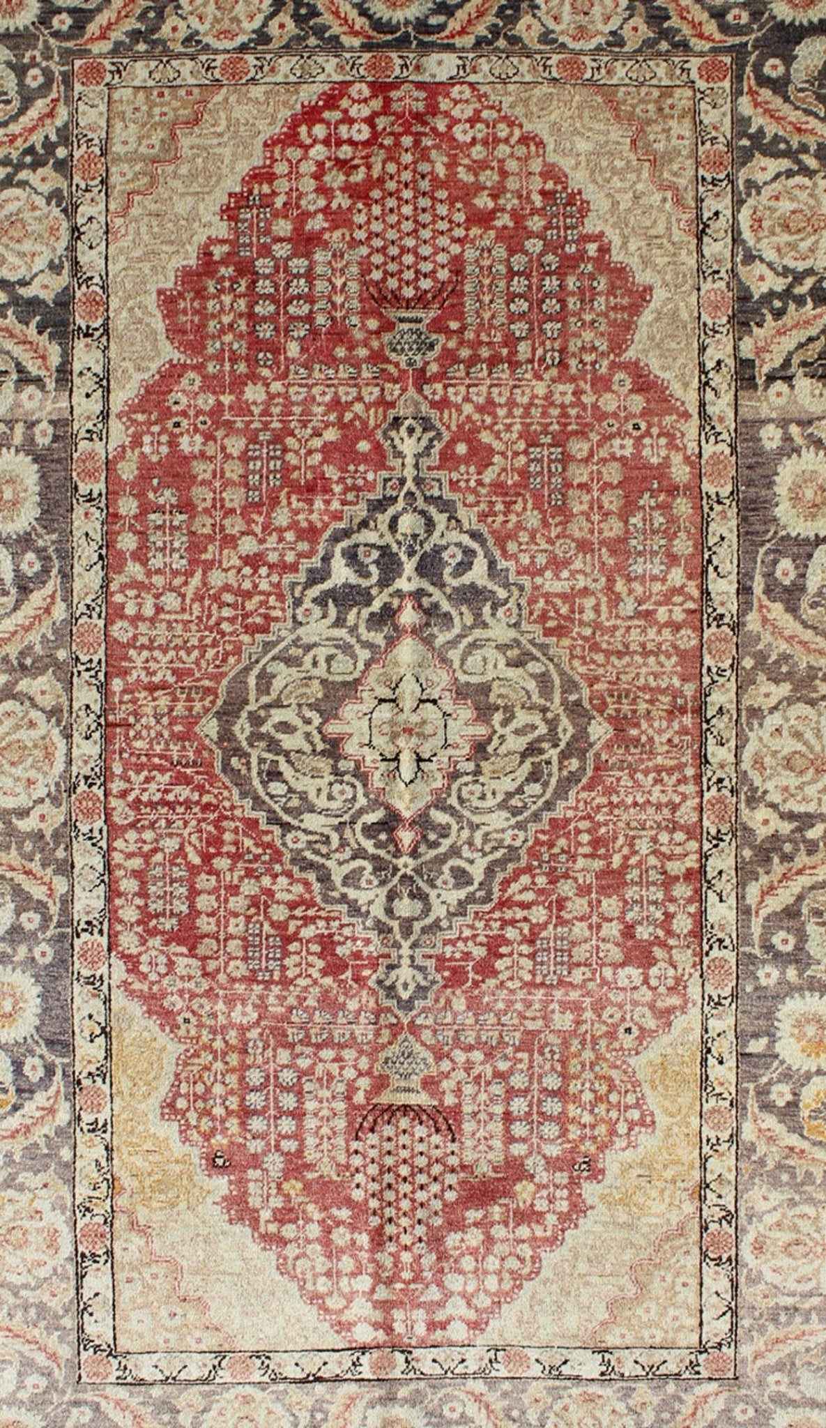Antique Turkish Oushak Rug with Floral Medallion Design in Red and Charcoal Measures: 4'4 x 7'2 This antique Turkish Oushak carpet features a central medallion design, as well as patterns of smaller floral shapes and botanical elements ... - Keivan Woven ArtsNA - 54563 - 1066Rug